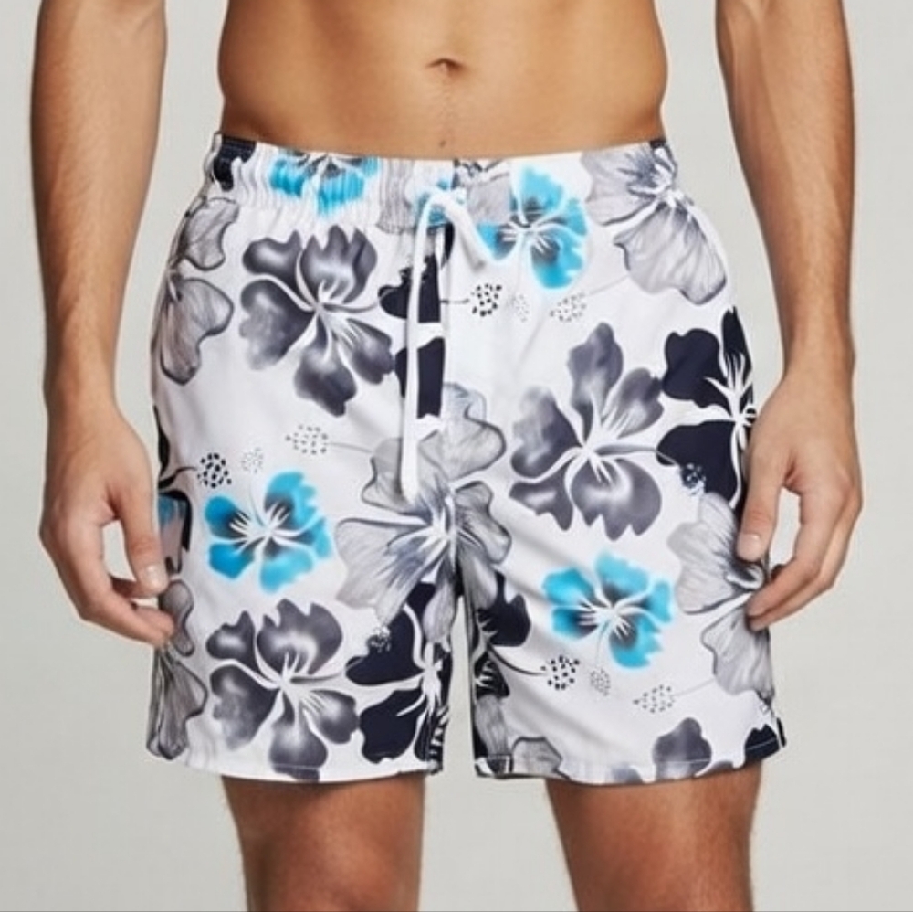 OP Ocean Pacific Men’s Hibiscus Floral Swim Trunks Board Shorts White Size XL